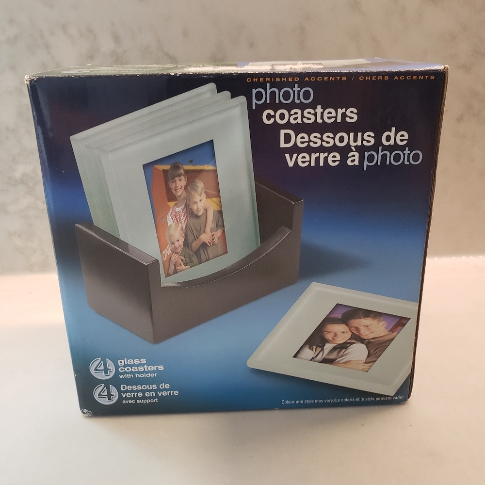 Brand new Cherished Accents Glass Photo Coasters with holder